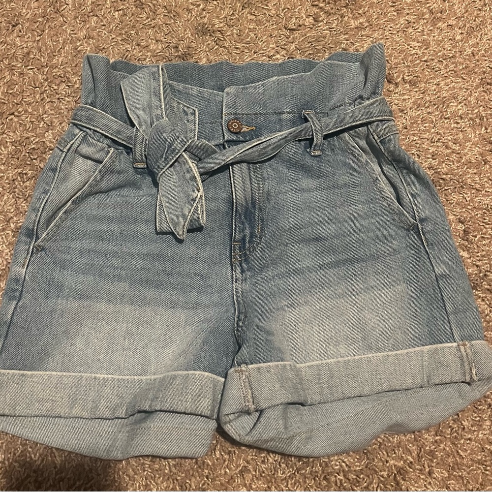 Sincerely Jules Paperbag Waist Light Blue Denim Shorts with Tie Belt